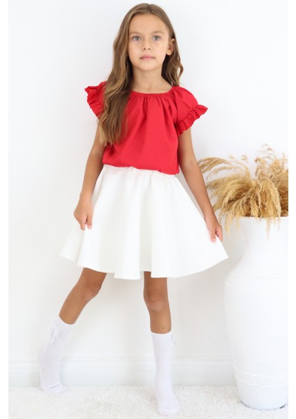 Kız Çocuk Kırmızı Bluz Krem Etek 23 Nisan 29 Ekim Gösteri Takımı