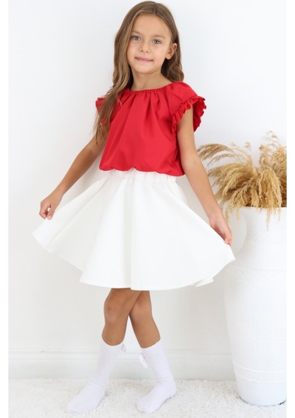 Kız Çocuk Kırmızı Bluz Krem Etek 23 Nisan 29 Ekim Gösteri Takımı