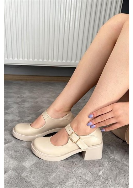 Kadın Sofya Bej Deri 6 cm Tek Baretli Topuklu Lofer Ayakkabı