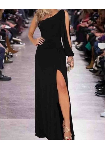 Tek Omuz Açık Derin Yırtmaçlı Krep Tam Boy Elbise, Kırmızı Gül Figürlü Kolye fiyatları