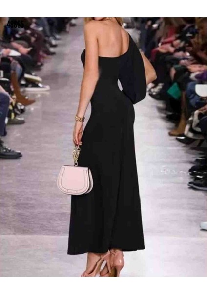 Tek Omuz Açık Derin Yırtmaçlı Krep Tam Boy Elbise, Kırmızı Gül Figürlü Kolye modelleri