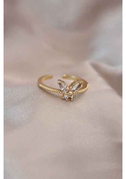Bfs Ayarlamalı Altın Renk Metal Zirkon Taş ve Kristal Taşlı Kelebek Model Yüzük