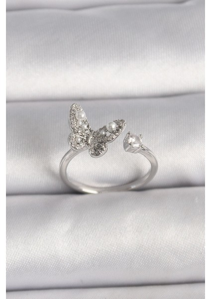 Bfs Pirinç Gümüş Renk Zirkon Taşlı Kelebek Model Inci Detay Ayarlanabilir Yüzük