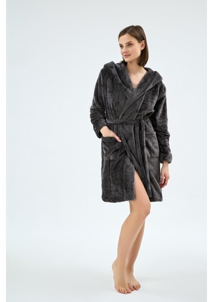 Kadın Kapüşonlu Kulak Detaylı Cepli Kemerli Siyah Sabahlık C4T1N071