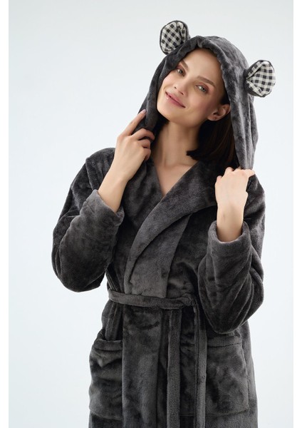 Kadın Kapüşonlu Kulak Detaylı Cepli Kemerli Siyah Sabahlık C4T1N071 modelleri