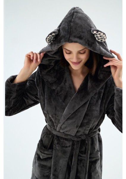 Kadın Kapüşonlu Kulak Detaylı Cepli Kemerli Siyah Sabahlık C4T1N071 fırsatları