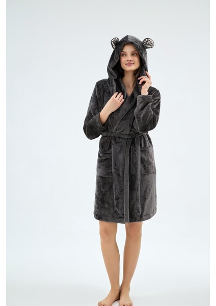 Kadın Kapüşonlu Kulak Detaylı Cepli Kemerli Siyah Sabahlık C4T1N071 indirimleri