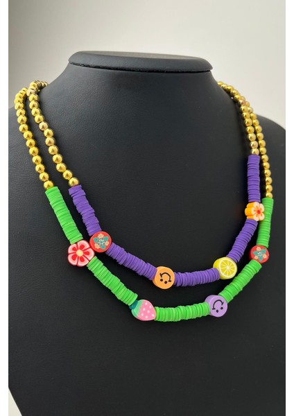 Figürlü Renkli Ikili Fimo Kolye (Ölçü:43+5 Cm)