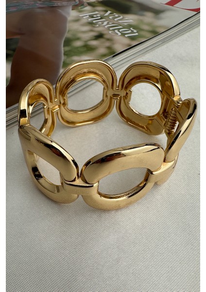 Özel Seri Altın Rengi Sıralı Halka Detay Kelepçe Bileklik (Iç Çapı:6cm)