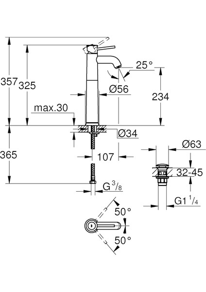 Grohe Start Classic Lavabo Bataryası | Xl-Boyut | Ekstra Yüksek | Su Tasarruflu | Krom | 23784000 fiyatları