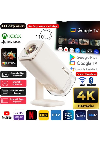 Aurzen Boom Air Android Google Tv 4K Destekli Projeksiyon Cihazı +HDR10+TOF Auto Focus+Auto Keystone+6g Wifi+6.1bt+Dolby Ses Sistemi+Powerbank Desteği - Ps5/ps4/xbox