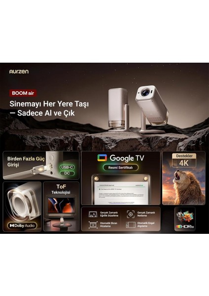 Aurzen Boom Air Android Google Tv 4K Destekli Projeksiyon Cihazı +HDR10+TOF Auto Focus+Auto Keystone+6g Wifi+6.1bt+Dolby Ses Sistemi+Powerbank Desteği - Ps5/ps4/xbox fiyatları