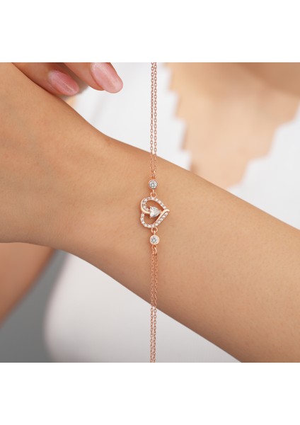 925 Ayar Rose Kaplama Tek Taşlı Kalpli Gümüş Bileklik
