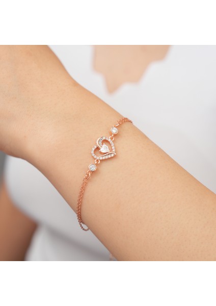 925 Ayar Rose Kaplama Tek Taşlı Kalpli Gümüş Bileklik fiyatları