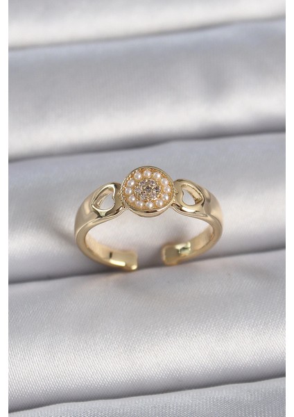 Bfs Pirinç Gold Renk Zirkon Taşlı Incili Kalp Işleme Detay Ayarlanabilir Kadın Yüzük