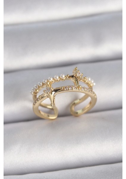 Bfs Pirinç Gold Renk Ayarlanabilir Zirkon Taşlı Incili Yıldız Model Kadın Yüzük