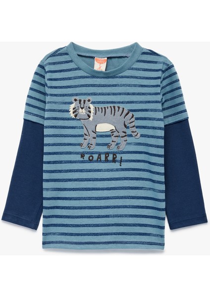 Pamuklu Bisiklet Yaka Hayvan Nakışlı Uzun Çıkma Kollu Tişört