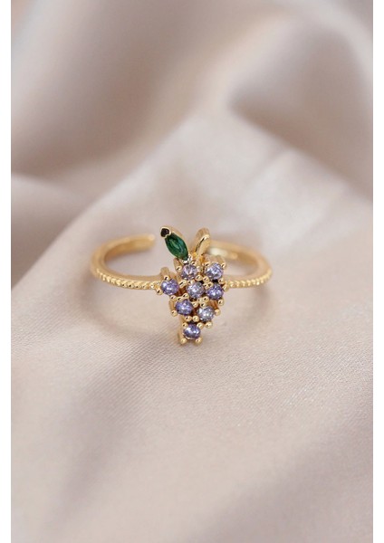 Bfs Ayarlamalı Altın Renk Metal Renkli Zirkon Taşlı Üzüm Yüzük