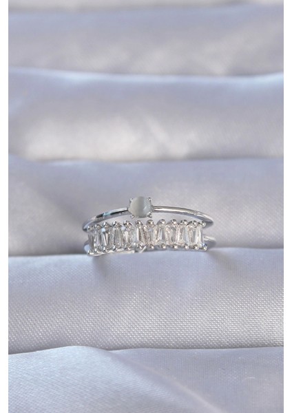 Bfs Pirinç Gümüş Renk Zirkon Taşlı Baget Su Yolu Model Ayarlanabilir Yüzük