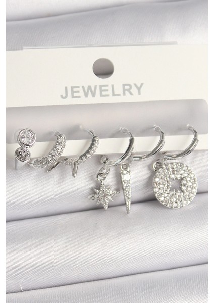 Bfs Pirinç Gümüş Renk Zirkon Taşlı Çoklu Figür Kadın Küpe Seti