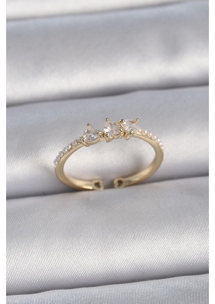 Bfs Pirinç Gold Renk Zirkon Taşlı Kalp Inci Detaylı Ayarlanabilir Model Kadın Yüzük