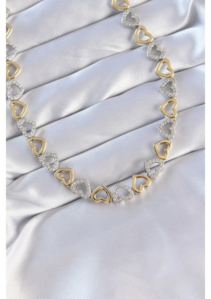 Bfs Vip Seri Pirinç Çift Renk Zirkon Taşlı Içi Boş Kalp Tasarımlı Kolye