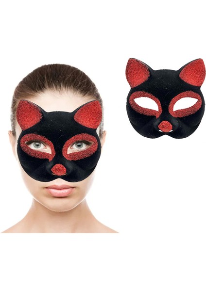 Siyah Renk Kırmızı Simli Süet Kaplama Kedi Maskesi 18X14 cm fiyatları