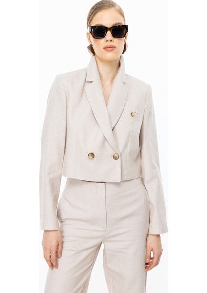 Kadın Düğmeli Crop Ceket 4076 Bej