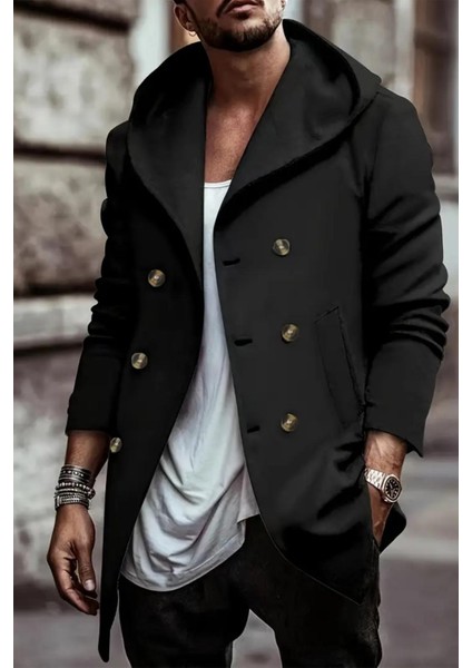 Corry Çelik Interlok Kumaş Kruvaze Düğmeli Kapüşonlu Erkek Panço Hırka