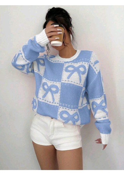 Kurdele Işlemeli Kareli Oversize Kazak fiyatları