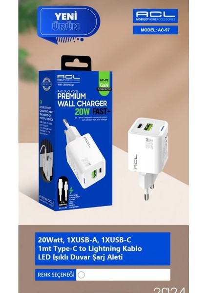 Acl Ac-97 20W 1xusb-A 1xusb-C 1mt Type-C To Lightning Kablo Duvar Şarj Aleti fiyatları