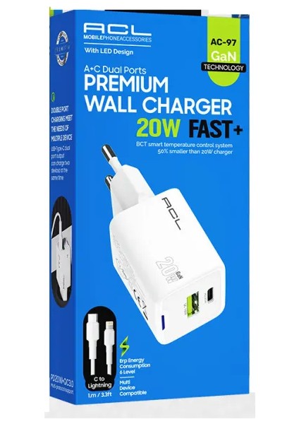 Acl Ac-97 20W 1xusb-A 1xusb-C 1mt Type-C To Lightning Kablo Duvar Şarj Aleti modelleri