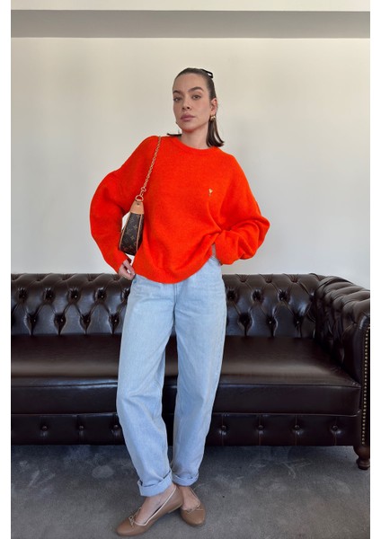 Duble Yaka Kalp Broşlu Triko Kazak- Orange modelleri