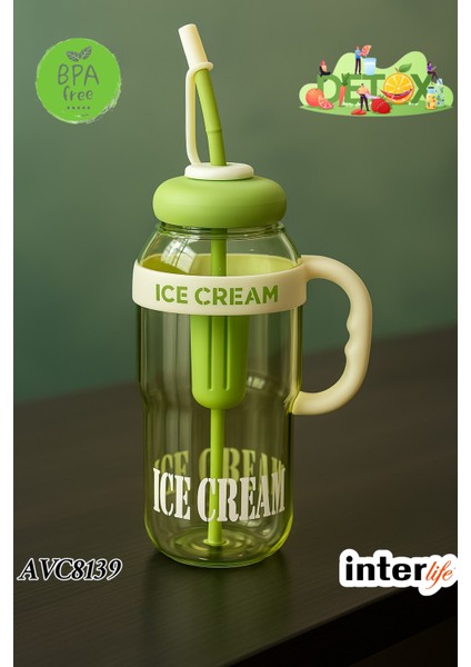 Ice Cream Yazılı Detoks Su Şişesi Filtreli Başlık Pipetli Kulplu Hafif ve Sızdırmaz Big Mug 1300 ml