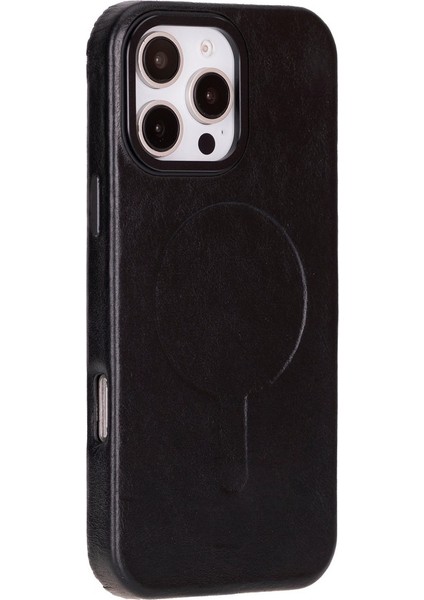 Apple iPhone 16 Pro Max Uyumlu, Hakiki Deri, El Yapımı Kılıf, Parlak Siyah