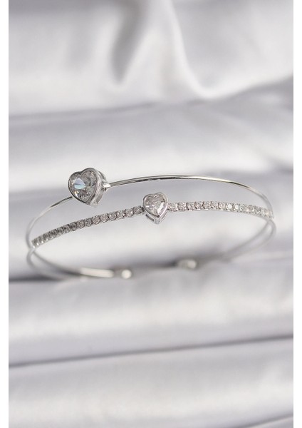 Bfs Pirinç Gümüş Renk Zirkon Taşlı Kalp Model Kadın Bileklik