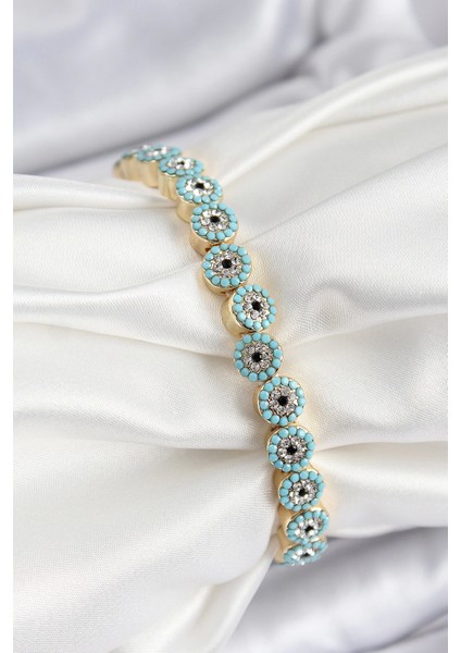 Bfs Pirinç Zirkon Taşlı Turkuaz Nazar Model Gold Renk Lastikli Kadın Bileklik