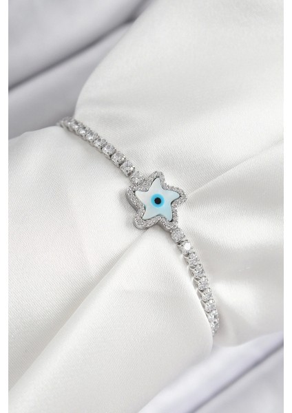 Bfs Pirinç Zirkon Taşlı Nazar Yıldız Model Gümüş Renk Asansörlü Kadın Bileklik