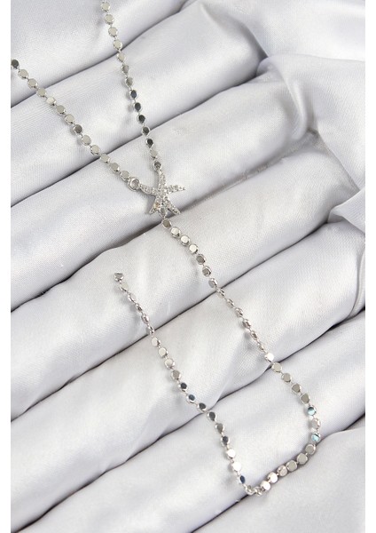 Bfs Pirinç Zirkon Taşlı Ezme Zincirli Deniz Yıldızı Model Gümüş Renk Y Kolye