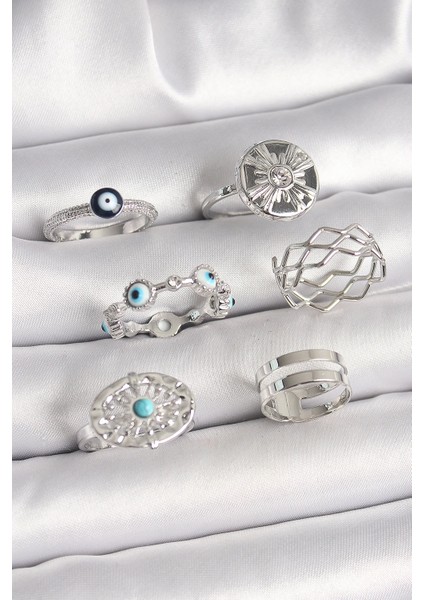 Bfs Pirinç Gümüş Renk Nazar Boncuk Zirkon Taş Detaylı Dalga Figür Kadın Yüzük Kombini