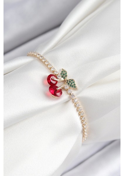 Bfs Pirinç Zirkon Taşlı Kiraz Model Gold Renk Asansörlü Kadın Bileklik