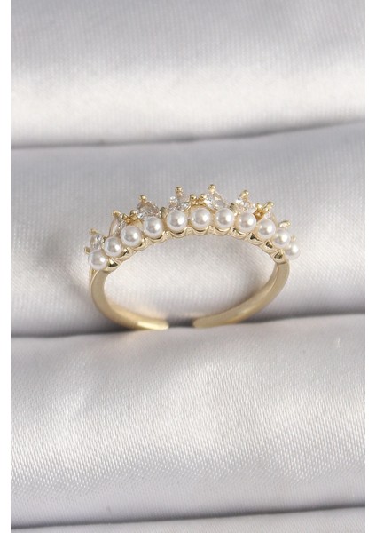 Bfs Pirinç Gold Renk Zirkon Taşlı Incili Taç Model Ayarlanabilir Kadın Yüzük