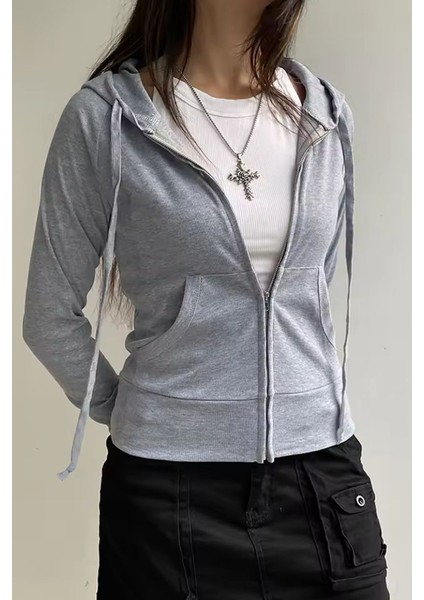 Gri Melanj 3 Iplik Şardonsuz Y2K Hırka