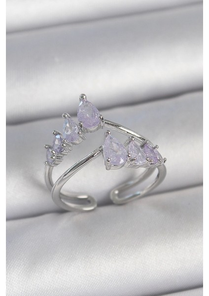 Bfs Pirinç Gümüş Renk Mor Damla Zirkon Taşlı Taç Model Kadın Yüzük