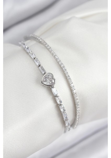 Bfs Pirinç Zirkon Taşlı Kalp Model Gümüş Renk Kadın Bileklik