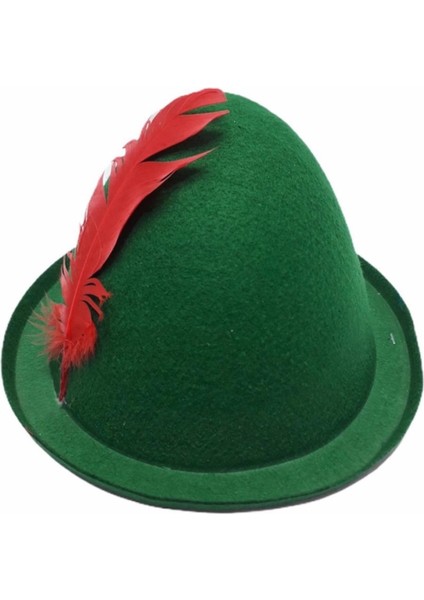 Bfs Yeşil Renk Kırmızı Tüylü Peter Pan Şapkası Robin Hood Şapkası 24X23 cm modelleri