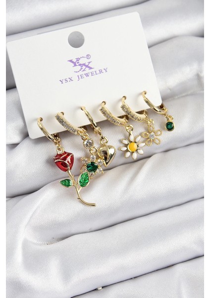 Bfs Pirinç Zirkon Taşlı Gül ve Papatya Model Gold Renk 3'lü Çift Kadın Küpe