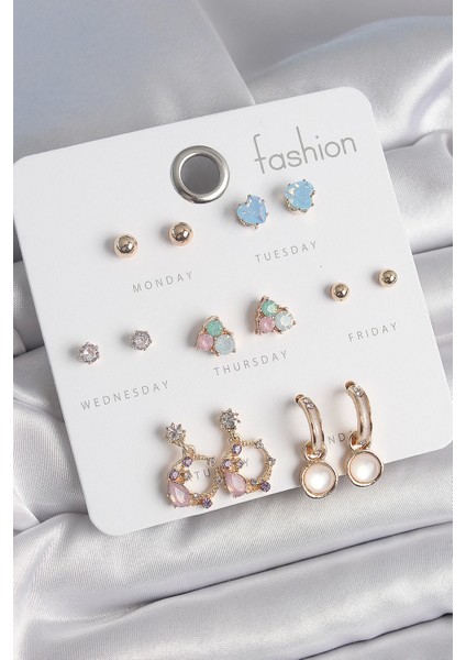 Bfs Pirinç Gold Renk Zirkon Taşlı Sallantı Halka Figür Kalp Detay 7 Çift Kadın Küpe