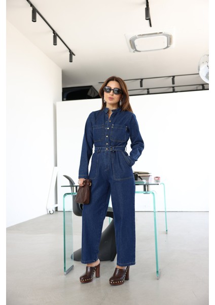 Çift Cepli Kemer Detaylı Denim Tulum