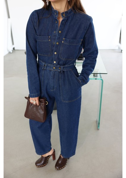 Çift Cepli Kemer Detaylı Denim Tulum fiyatları